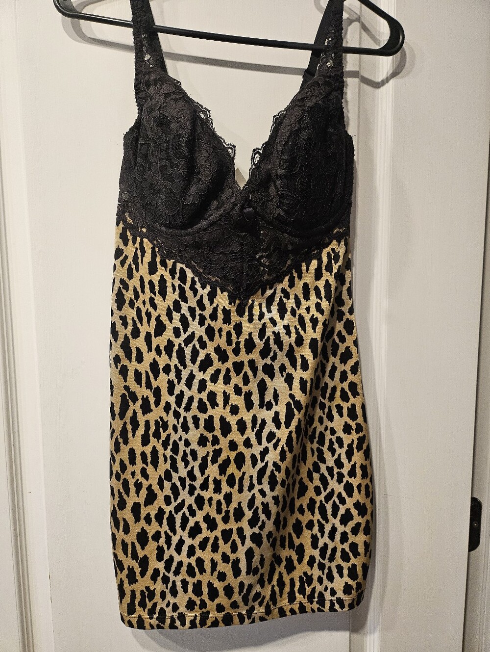 Victoria's Secret Black Lace & Leopard Satin Chemise Slip 36D